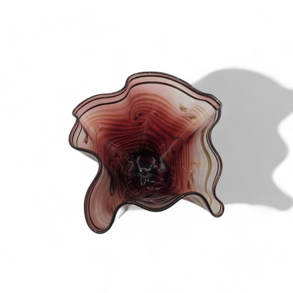 Daniel Reid Hand-Blown Glass Handkerchief Bowl 7" x 4" Tall Red and Gold Signed - Picture 7 of 13